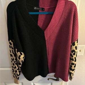 New York & Company Black and Pink V-Neck Sweater with Leopard Sleeves
